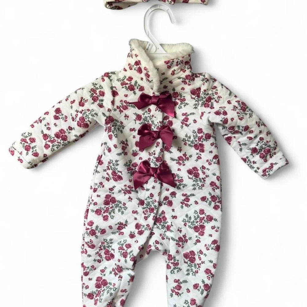Tahari baby girl floral fleece onesie with bow and matching headband Size 0-3m